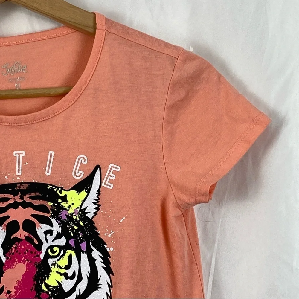 Justice Girl Kids Orange Short Sleeve Tiger Graphic Tee Front Tie Size Medium